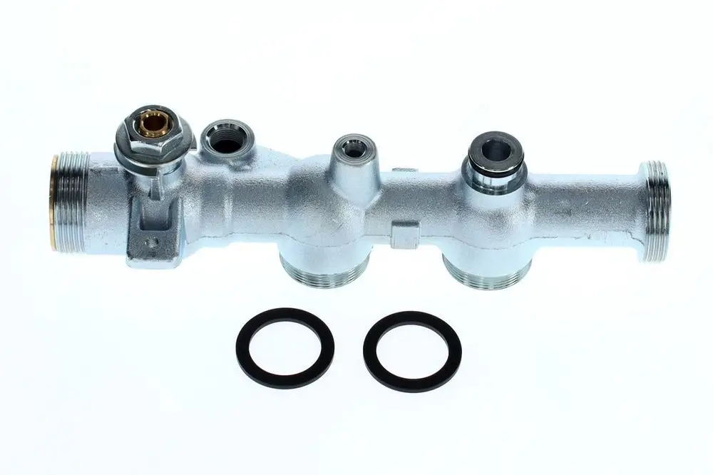 BOSCH Anschlussstück aus Metall mit mehreren Anschlussgewinden und O-Ringen, geeignet für die Verbindung in Heizungsanlagen.